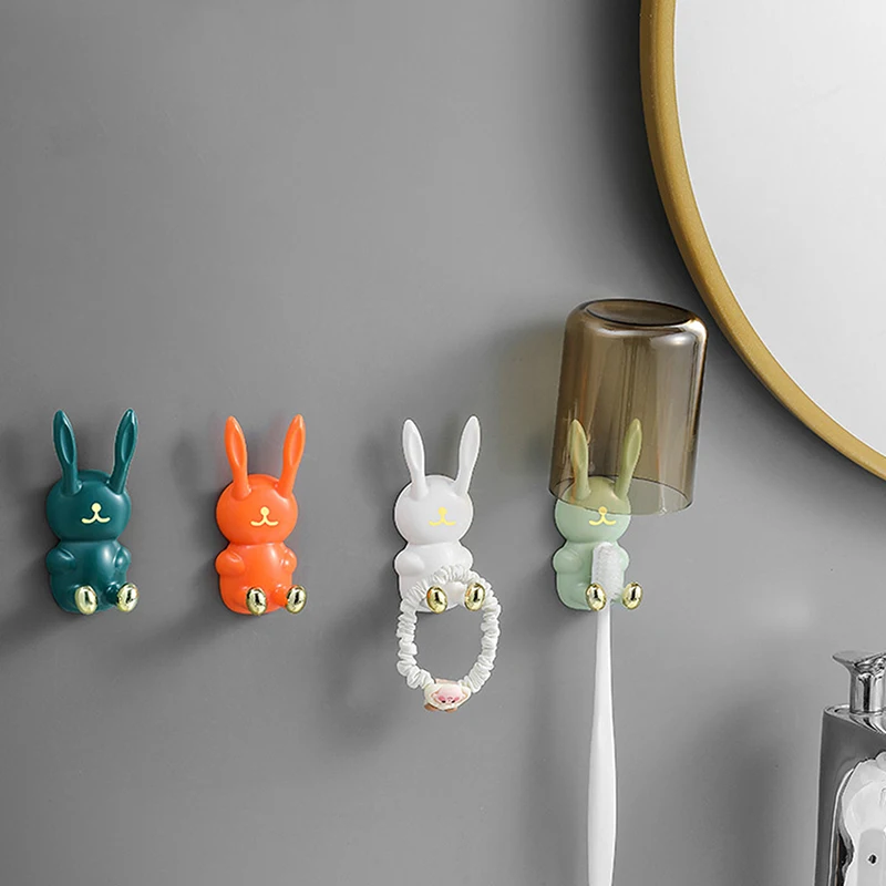 Cute Rabbit Toothbrush Holder Punch free Toothbrush Shelving Strong Adhesive Wall Hook Multifunctional Power Plug Holder Hanger