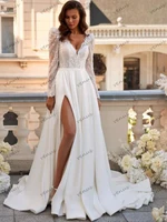 Elegant Wedding Dresses A-Line Satin Bridal Gowns Lace Appliques Sexy Robes Deep V-Neck Vintage Vestidos De Novia Customized 1
