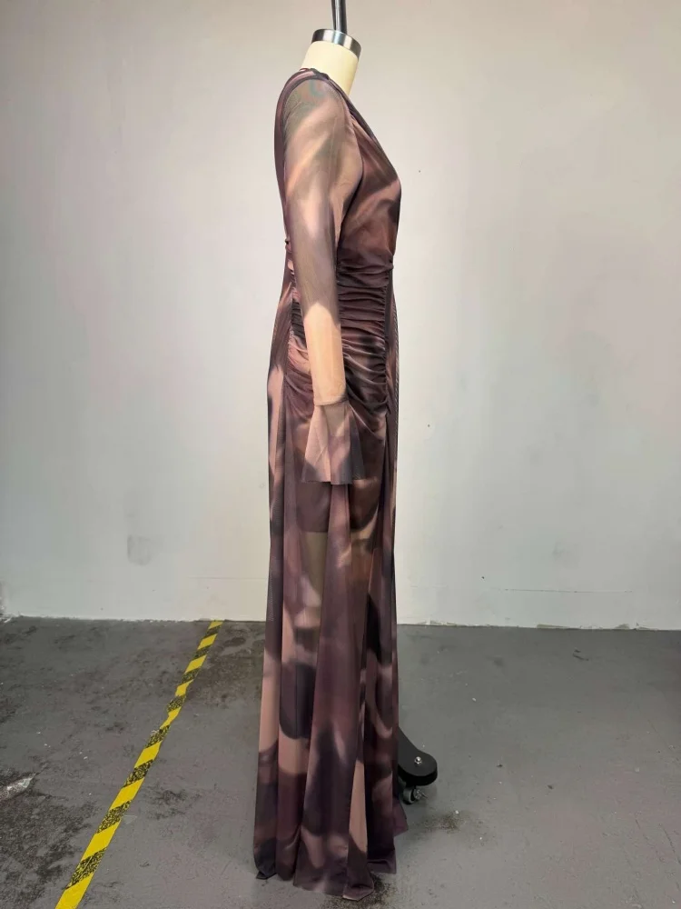 Wmstar Dress Women Wholesale Woman 2025 Summer New Style Elegant Printed Slanted Collar Pleated Slim Slimming Long Dresses