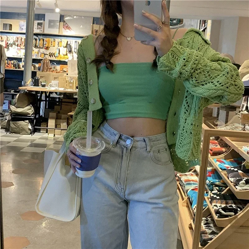 

Hollow out Knitted Cardigan 2 Piece Set Women Spring Autumn 2024 Cropped Camisole Short Tops Green Long Sleeve Camis Ribbed Suit