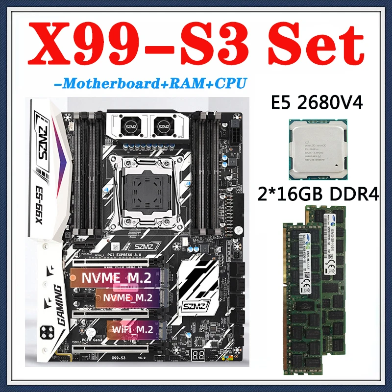 X99-S3 Motherboard Kit LGA 2011-3 Set With E5 2680 V4 Processor 2*16GB 32GB DDR4 ECC RAM Support NVME M.2 Placa Mae Pc Gamer