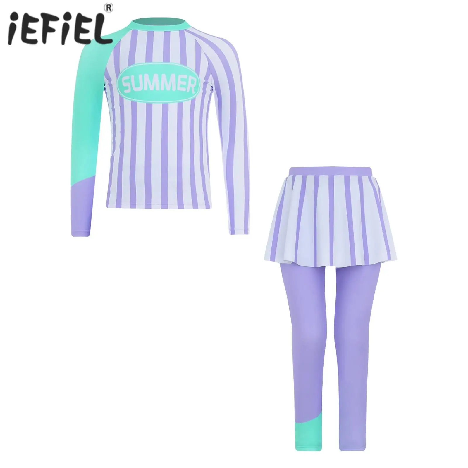 2Pcs Swimsuit Kids Girls Long Sleeve Padded Swim Top Skirted Pants Set UPF50+ UV Protective Rash Guard Surfing Bathing Suit children swimsuit