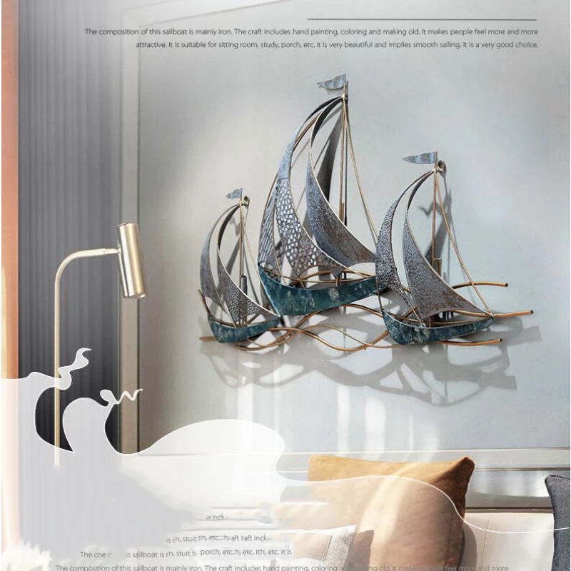 

Modern Creative Wrought Iron Wall Hanging Sailboat Home Livingroom Background Wall Mural Crafts Hotel 3D Wall Sticker Decoration