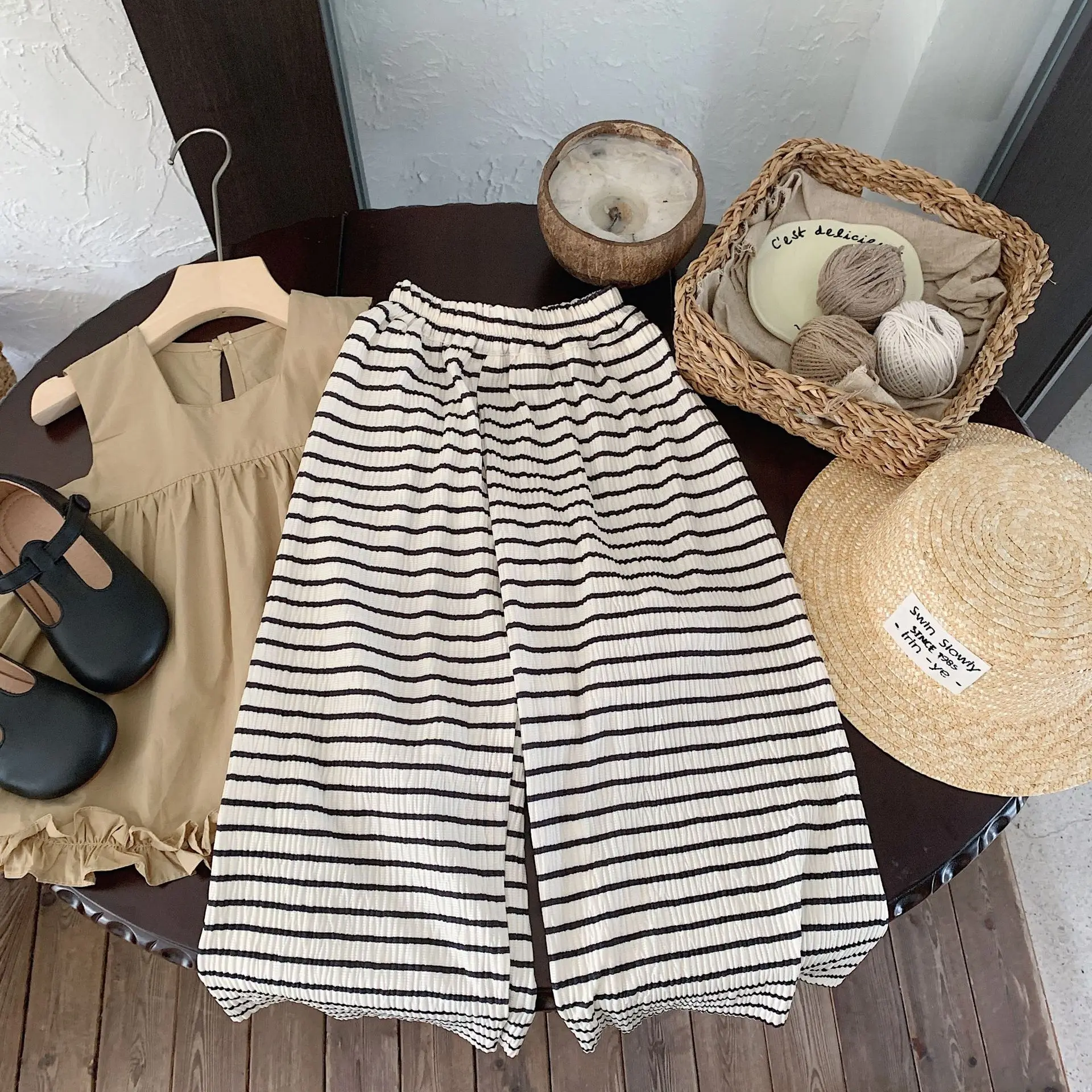 

Girl Pants 2024 Summer and Spring Korean Style Cotton Light Stripe Anti-mosquito Wide Leg Summer Cool Sports Pants