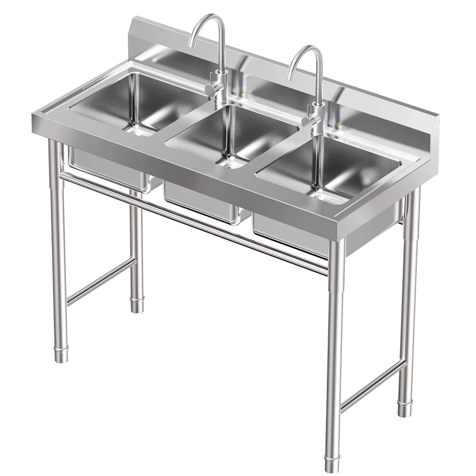 3 Compartment Stainless Steel Commercial Kitchen Sink with 2 Faucets Freestanding Restaurant Kitchen Sink Utility