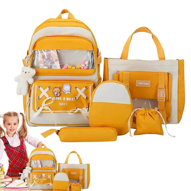 

Backpack Set For Girls 5 PieceAesthetic School Backpack With Pins And Plush Pendants Large Capacity Waterproof Cute For Short