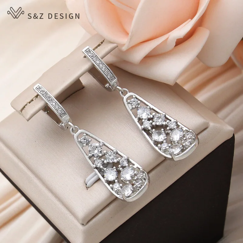 S&Z DESIGN New Fashion 585 Rose Gold Color Hollow Bent Leaf Cubic Zirconia Dangle Earrings For Women Party Jewelry Fine Gift