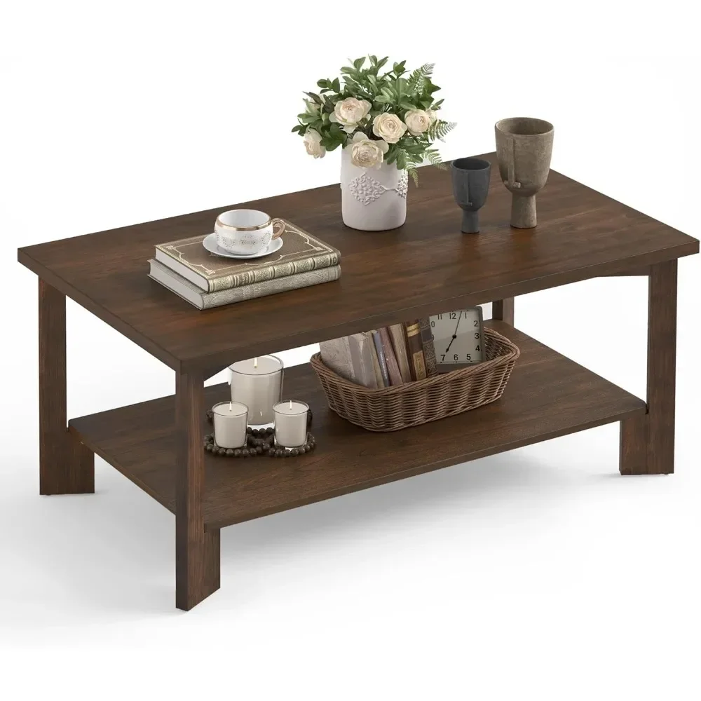 Walnut Coffee Table,Mid Century Modern 39" Rectangle Dark Walnut Coffee Table with Storage Shelves Wooden Accent Center Tea Tabl