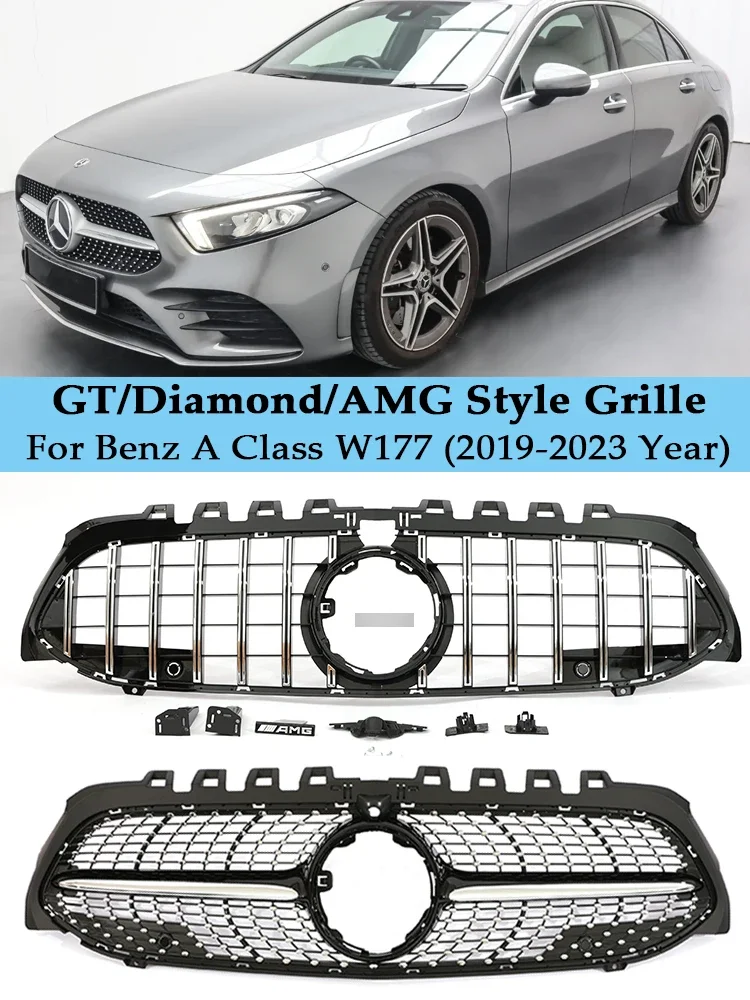 

Front Bumper Grill Panamericana GT Diamond Black Silver Grille For Mercedes Benz A Class V177 W177 AMG A35 A45 A200 A180 A260