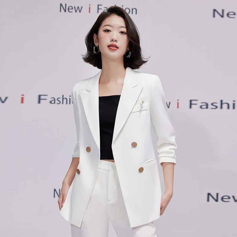 Korean Spring Formal Ladies White Blazer Women Business Suits with Sets Work Wear Office Uniform Pants skirt Jacket Ruffle Suit