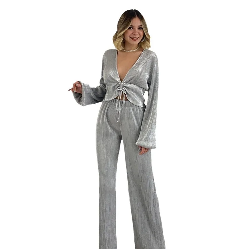 New 2 Pieces Set Sexy V Neck Puff Sleeve Lace Up Cropped Top Wide Leg Pants Suit Solid Color Pant Sets  Women 2 Piece Set Outfit