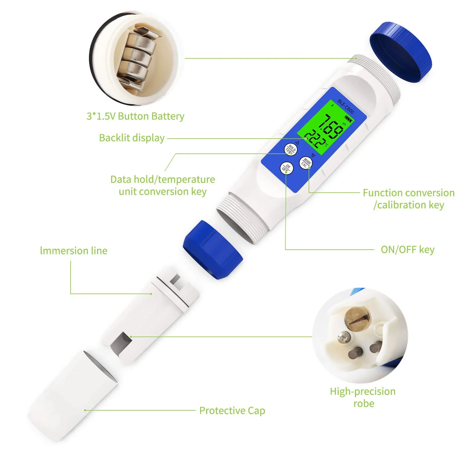 5 in 1 PH/TDS/EC/Salinity/Temp Meter with ATC, Smart Bluetooth PH Tester for Pools, Seawater, Aquariums, Koi Fish Pond