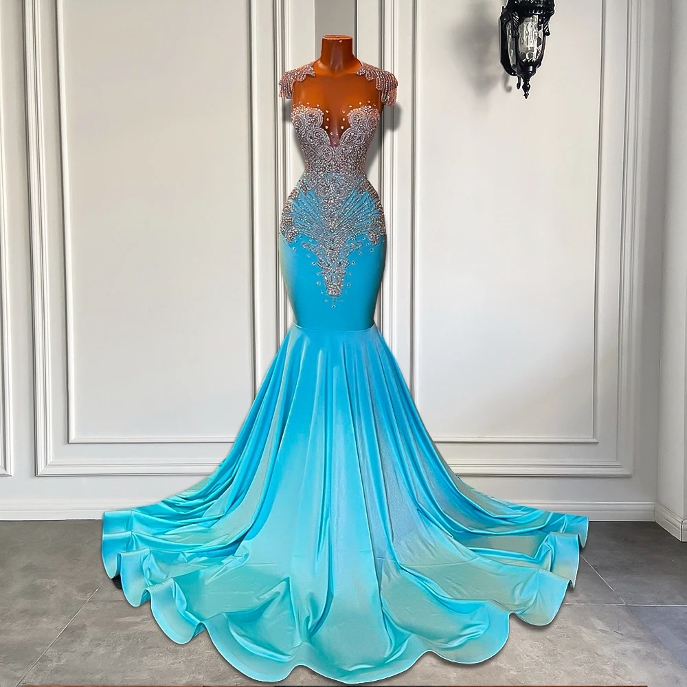 Long Sparkly Prom Dresses Sheer Top Luxury Diamond Light BlueGirls Mermaid  Prom | eBay