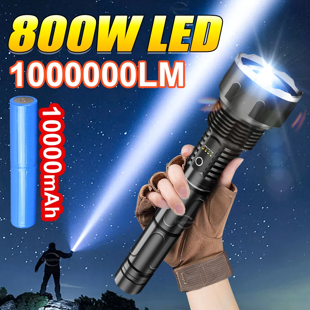 1000000LMUltraPowerfulFlashlight10000mAhRechargeableTorchLight800WLEDHighPowerLED