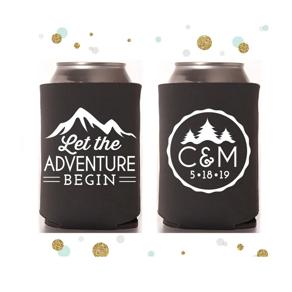 

Let The Adventure Begin - Wedding Can Cooler #119R- Custom - Wedding Favors, Beverage Insulators, Beer Huggers