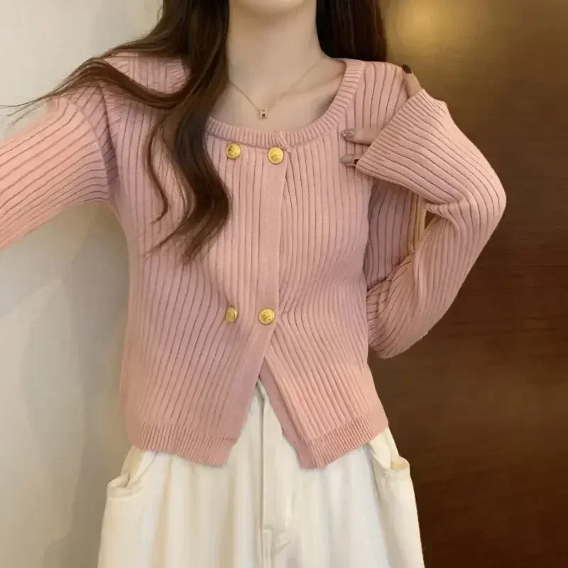 

Women's Sweater Cardigan Knit Tops for Woman Crop Short Winter Button Square Neck Black Korean Style Autumn 2023 Clothing Sale