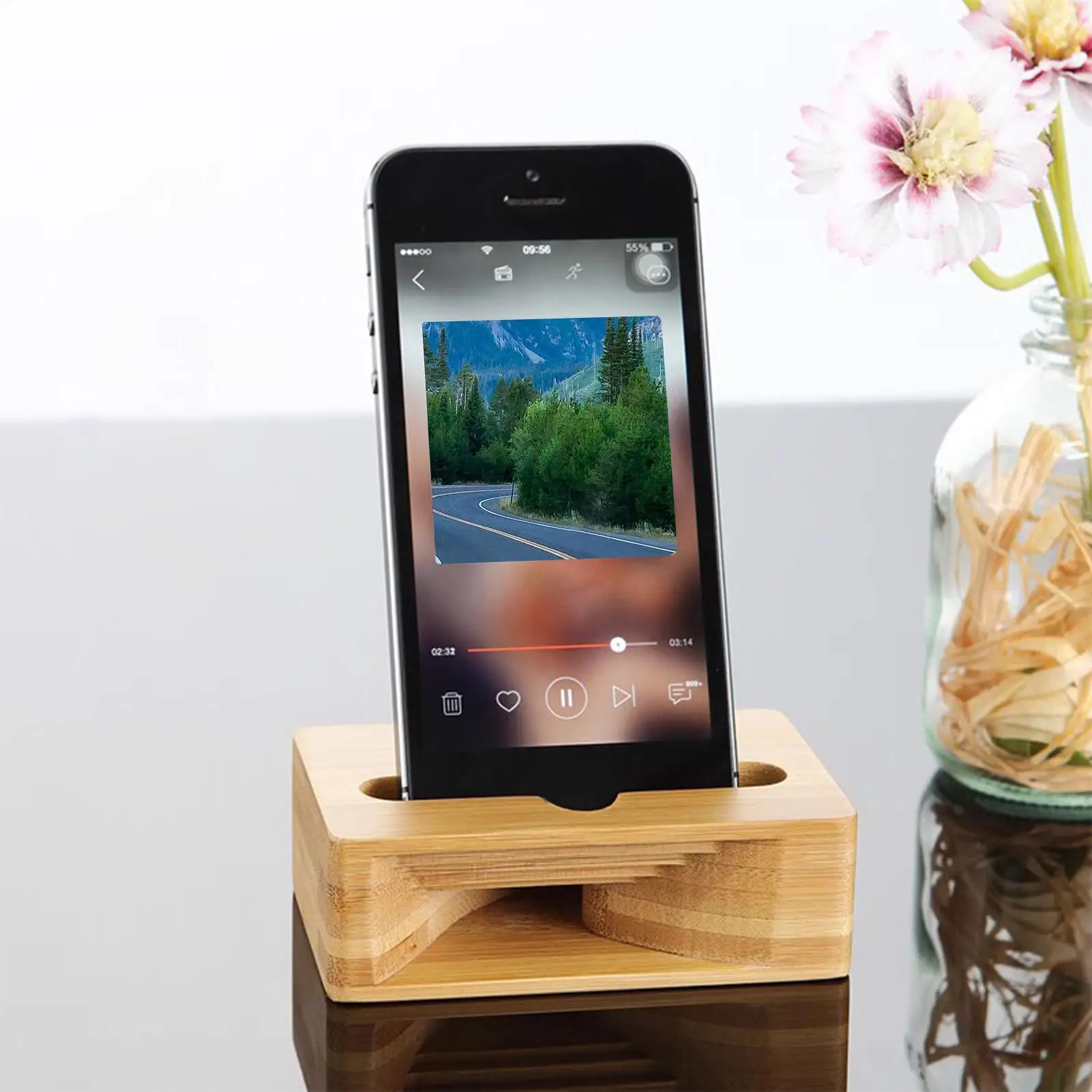 Holz Telefon Lautsprecher Verstärker Desktop Natürliche Holz Handy Ständer Lautsprecher Dock Klare Anrufe Musik Audio Player – Detail 5