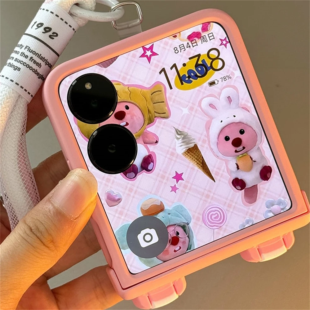 Korean Cute Cartoon Anime Pink Ear Phone Case with Hand Strap Cover