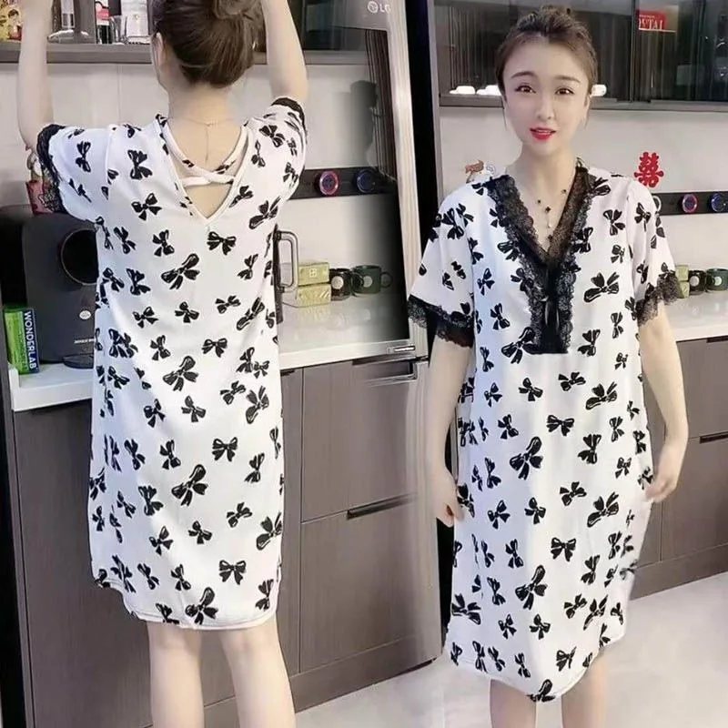 2024 new leopard print nightdress thin short sleeve United States back V-neck lace lace nightdress loose print home wear women