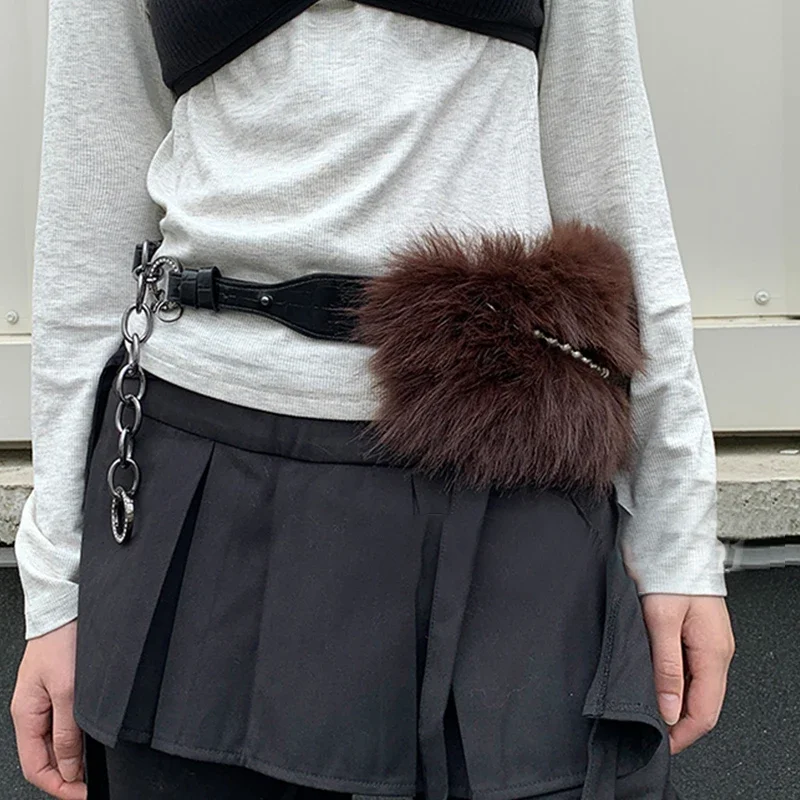 Vintage Y2K Faux Fur Punk Waistband with Metal Bead Chain
