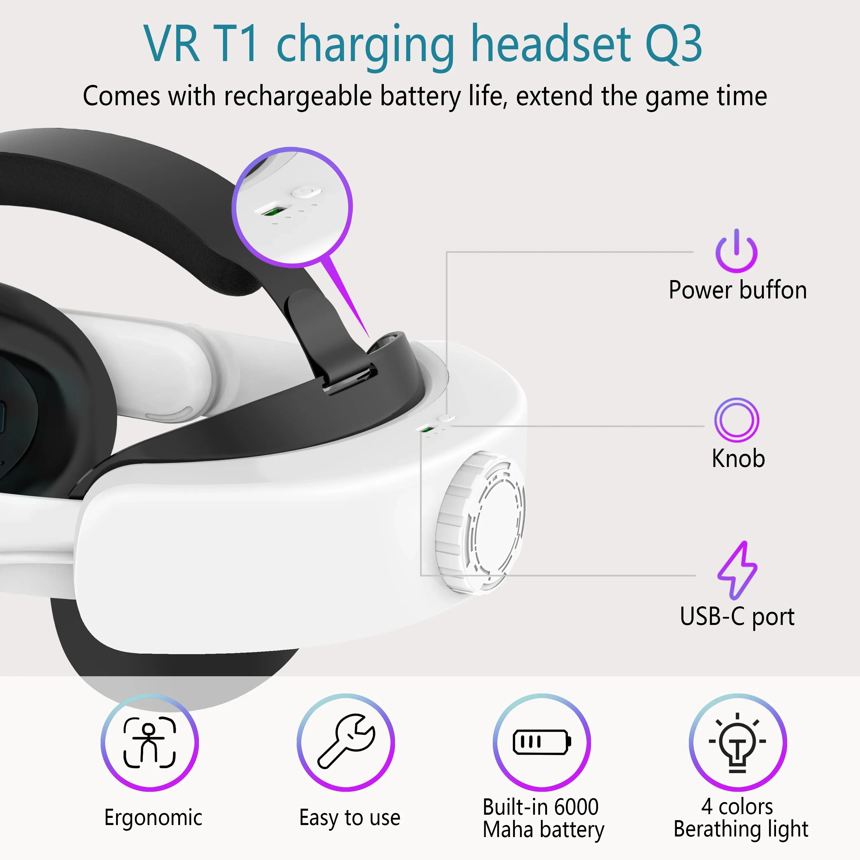 Head Strap With Battery For Oculus Quest 3/Quest 3S Adjustable Elite Strap Replacement Accessories For Meta Quest 3/Quest 3S