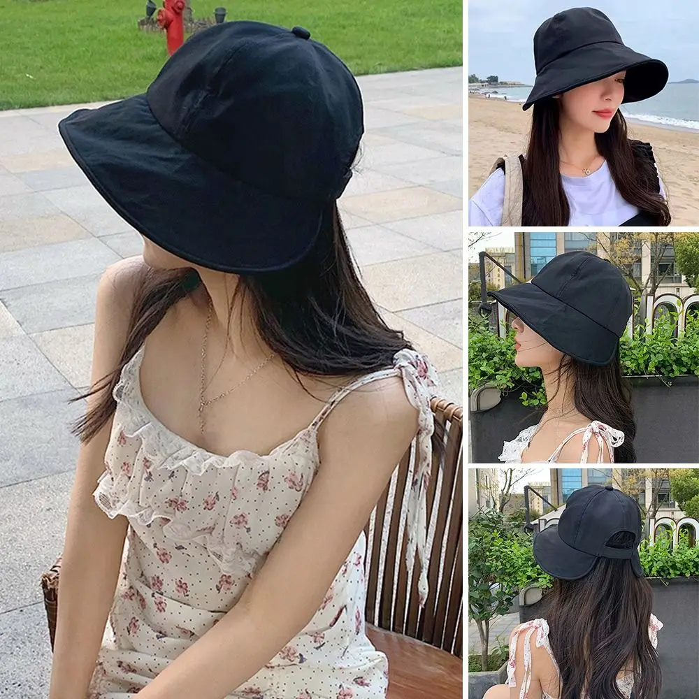 봄 여름 접이식 조절 가능한 어부 모자, 부드러운 비치 캡, 포니테일 버킷 햇, 선바이저 모자, 파나마 캡