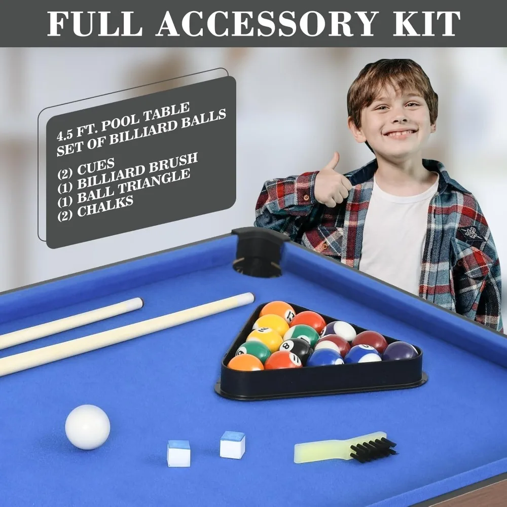 4.5Ft Pool Table, Portable Billiard Table for Kids and Adults, Mini Billiards Game Tables W/ 2 Cue Sticks, Full Set of Balls 6