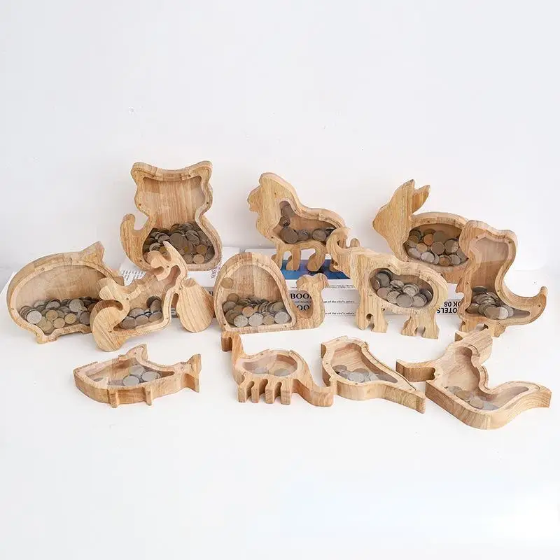 Wooden Animal Piggy Bank Transparent Cat Elephant Dinosaur Wood Carving Piggy Bank Children Piggy Bank Storage Jar Desktop Decor