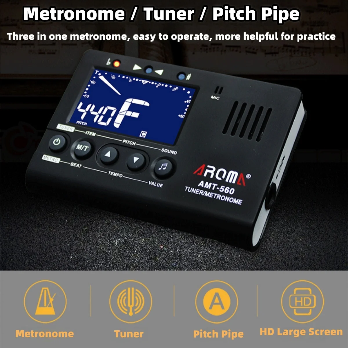Aroma 3-in-1 Metronome Tuner with Built-in Mic and LCD Display
