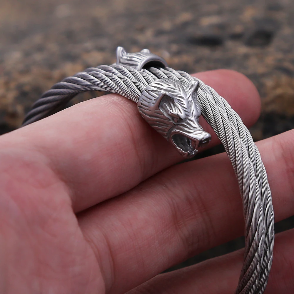 Men's Stainless Steel Norse Viking Double Wolf Head Bracelet Punk Biker Vintage Animal Bangles Charm Trendy Jewelry Dropshipping 4