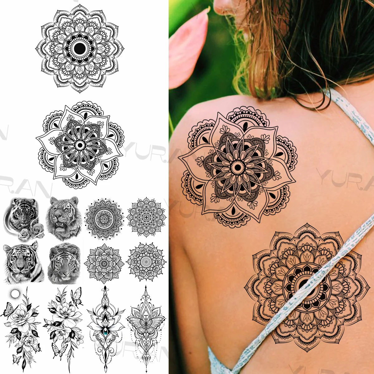 

Большой цветок мандалы, временные татуировки для женщин и девушек, бабочка, цветок, тигр, хна, искусственная подвеска, татуировка, наклейка, татуировка, татуировки для тела и спины