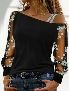 Sexy Off Shoulder Sloping Collar Long Sleeved Lace Printed Women's Top Daily Versatile Dating Parties Autumn Tops 1