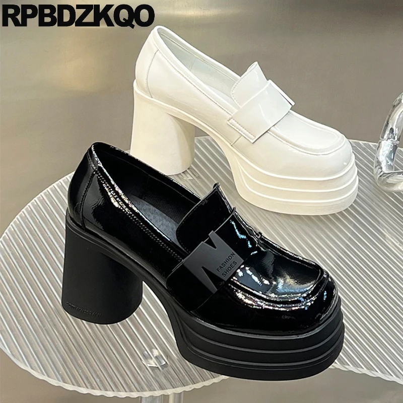 

Shoes Goth Solid High Heels Super-high Loafers Block Patent Leather Pumps Slip On British Square Toe Gothic Plain Platform Women