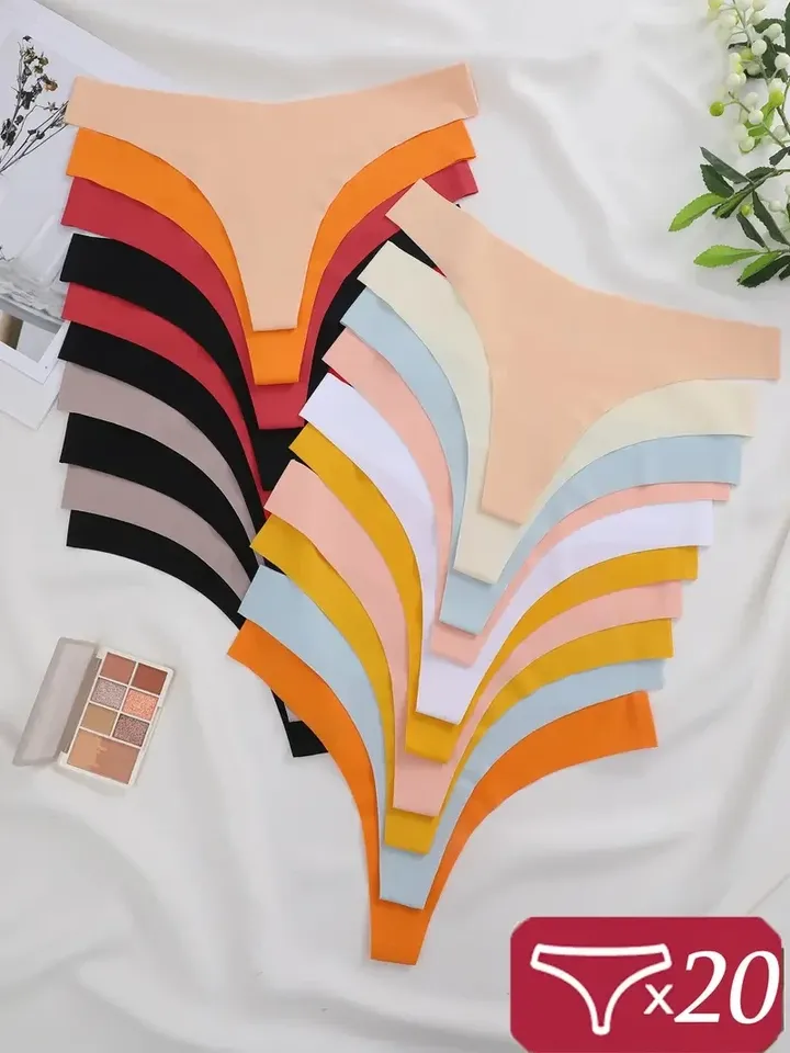 20Pcs Women Ice Silk Seamless Underpants Panties Sexy V-Waist Sport Thongs Low Rise 10 Soild Colours Breathable G-strings XS-XL