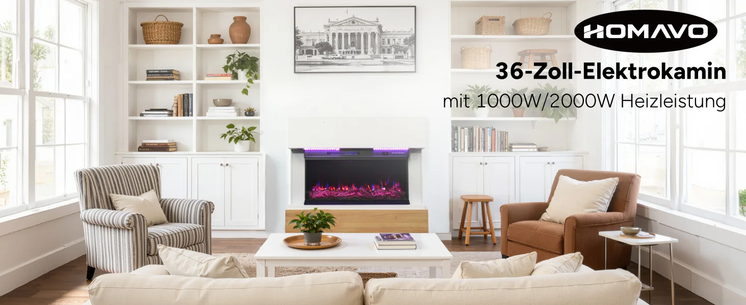 HOMAVO 36" Elektrokamin mit Schrank, 1000/2000W Elektrokamin mit Heizung, 3D-Flammeneffekt, LED-Leiste, Fernbedienung – Detail 1