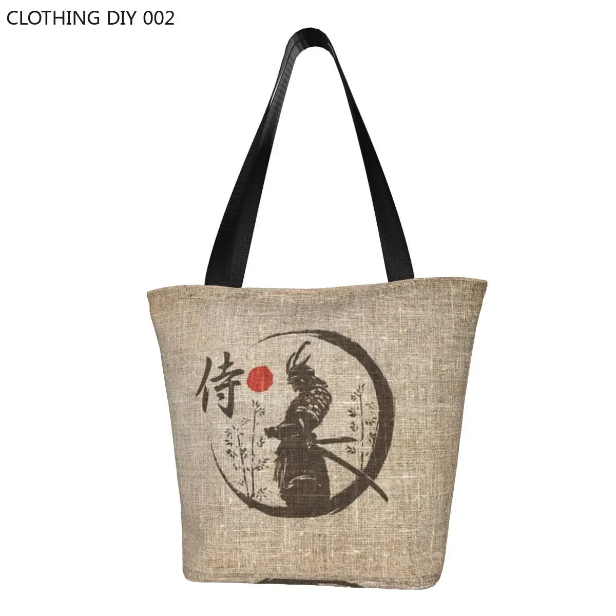 

Samurai Japanese Word Grocery Shopping Bags Funny Printing Canvas Shopper Shoulder Tote Bags Big Capacity Portable Handbag