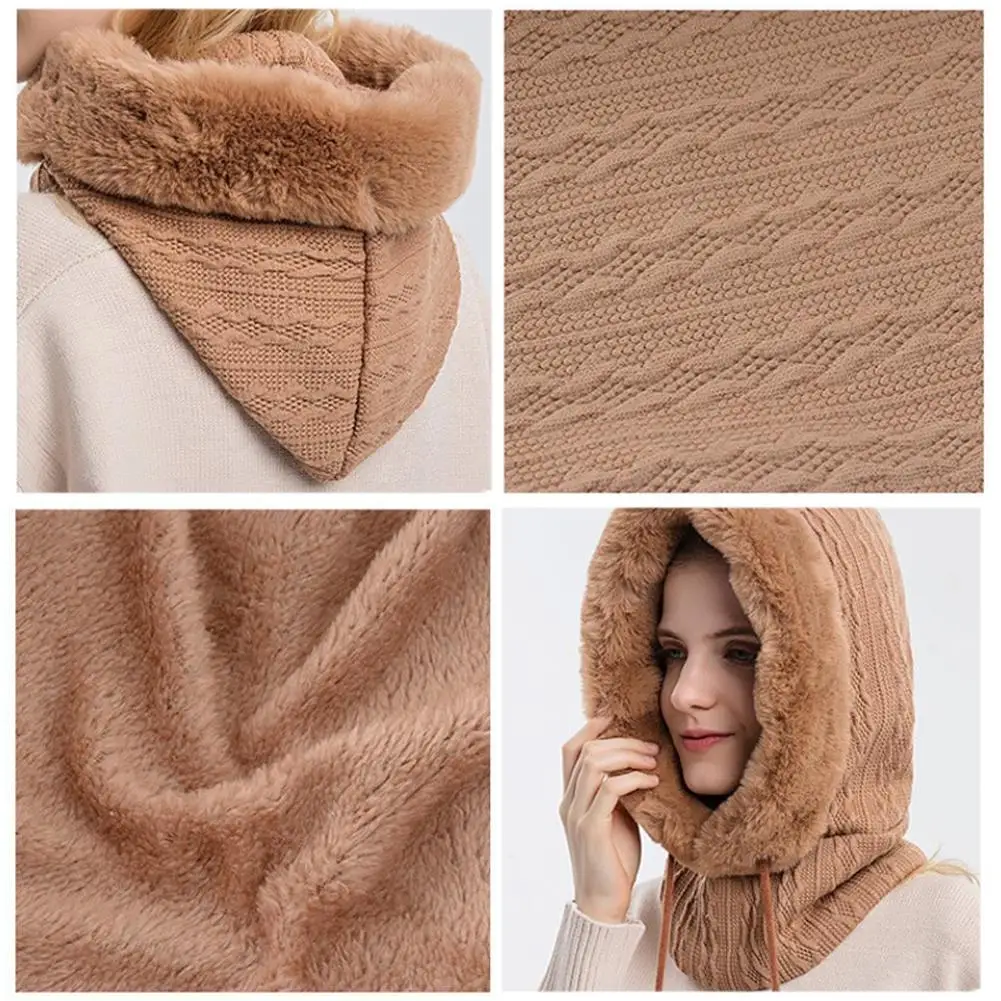 Winter Fur Cap Mask Set Hooded for Women Knitted Cashmere Neck Warm Balaclava Ski Windproof Hat Thick Plush Fluffy_voghion.com