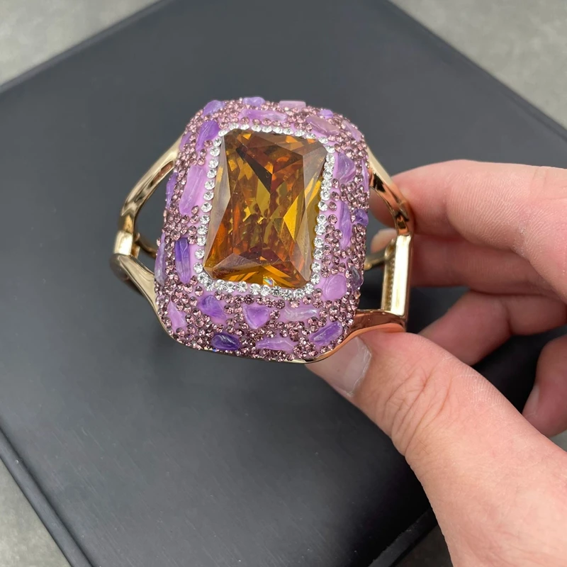 Brazalete abierto grande de cristal de zultanita de estilo turco con diamantes de imitación, brazalete de piedra cambiada de Color, chapado en oro para mujer y Niña