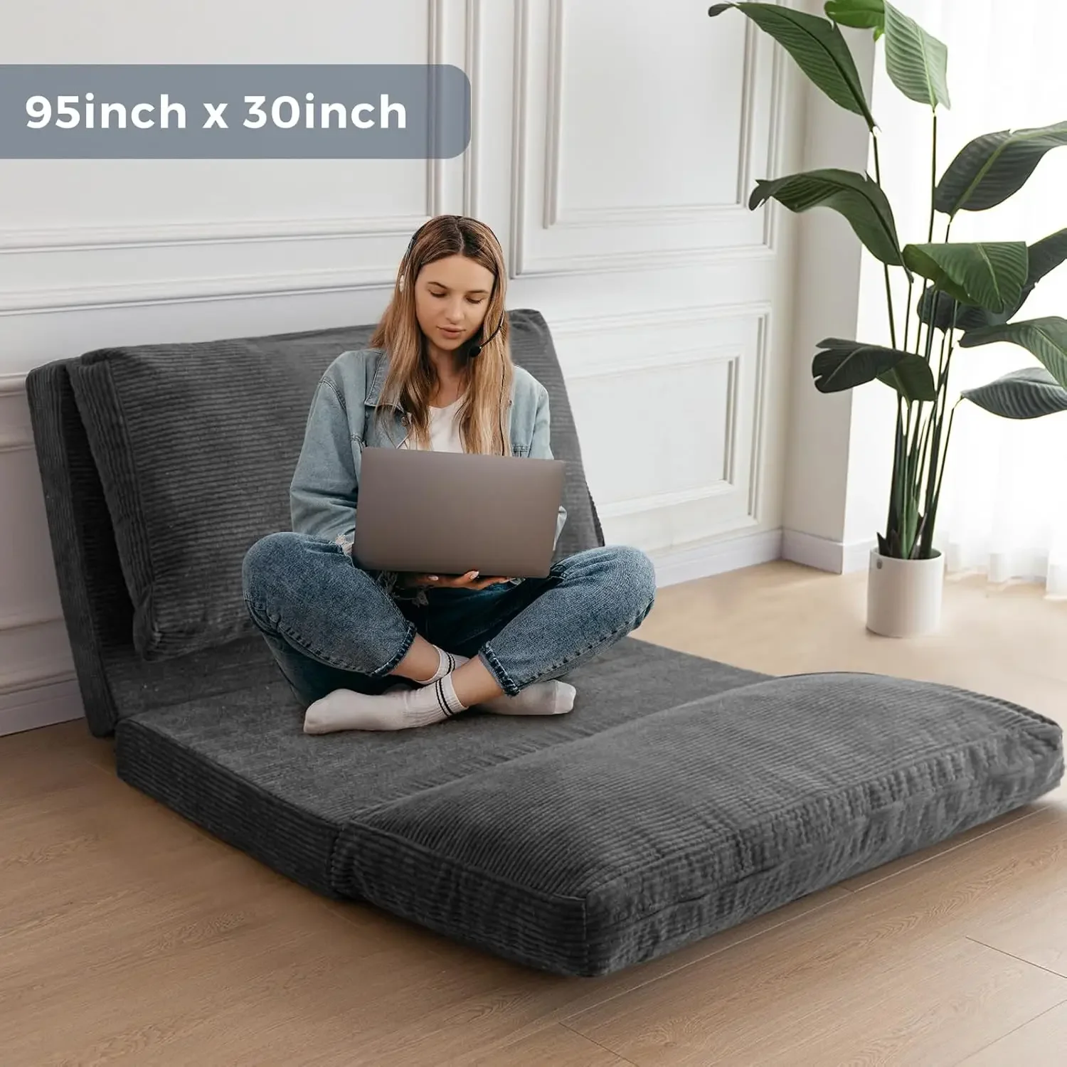 Bean Bag Bed Folding Sofa Bed Floor Mattress for Adults, Extra Thick and Long Floor Sofa with Corded Washable Cover, Dark Grey 3
