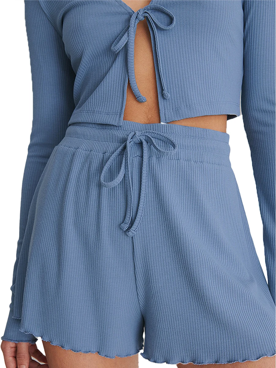 

Women s 2 Piece Pajama Outfits Rib-Knit Long Sleeve Tie Front Crop Tops Drawstring Shorts Lounge Sleepwear Sets