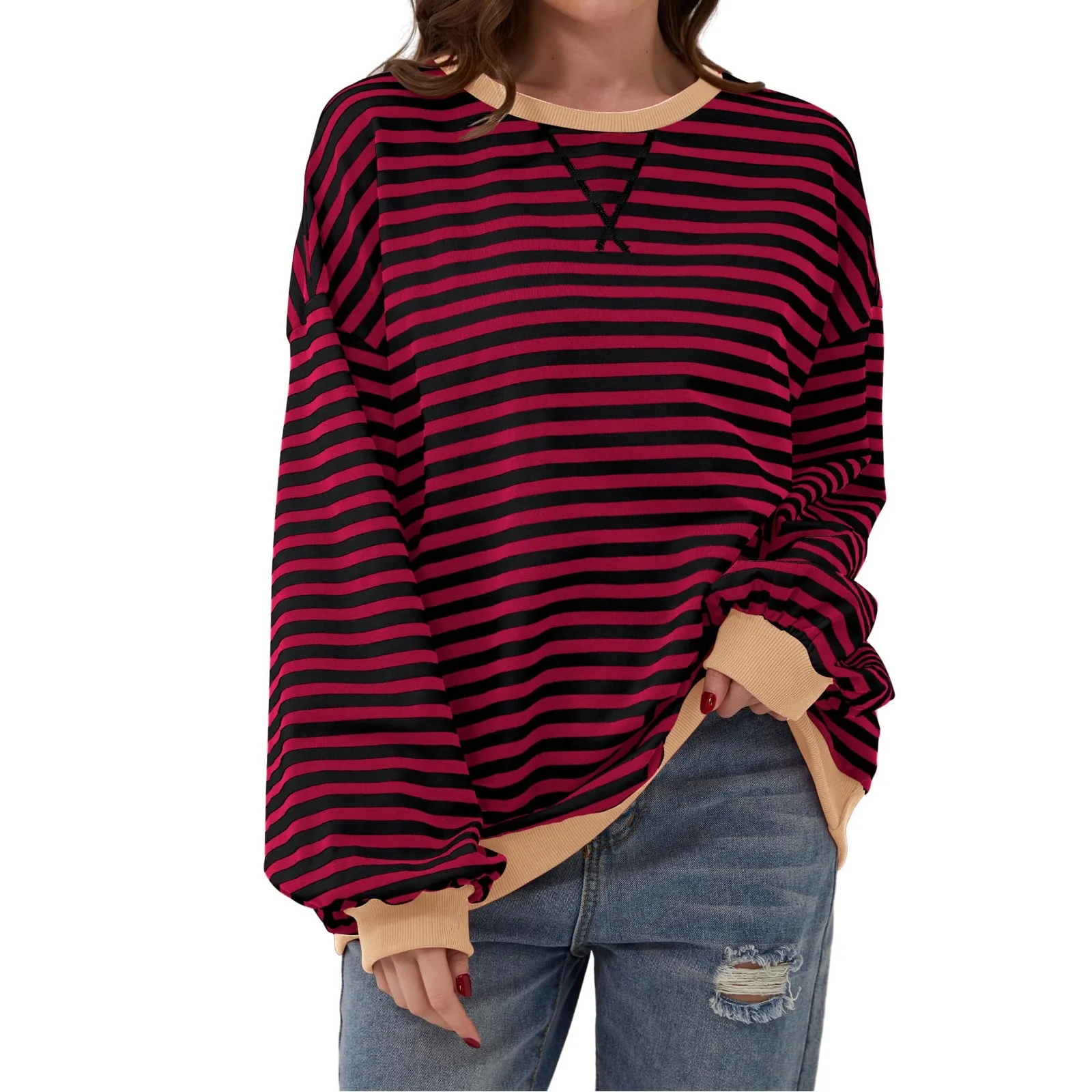 

Woman'S Oversized Shirt Striped Color Blocking Long Sleeved Round Neck Sports Shirt Casual Loose Fitting Pullover Top футболка