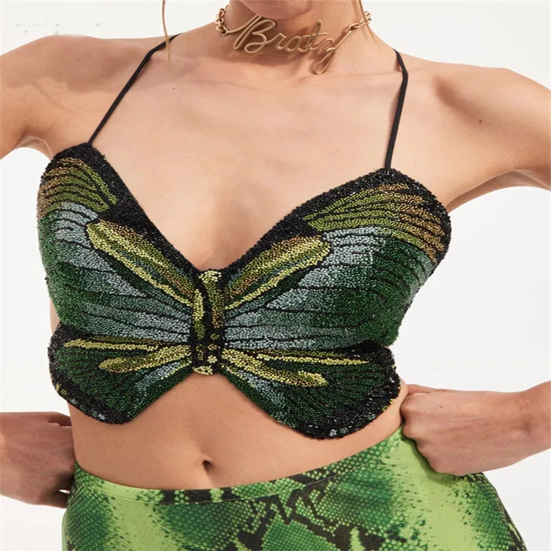 Женский винтажный топ на бретельках с бабочкой без рукавов |