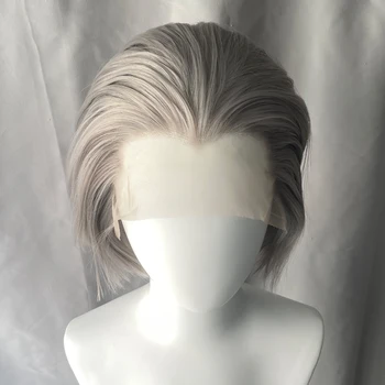 Parrucche sintetiche Widow's Peak grigio medio per uomo, parrucche con frontale in pizzo 13x4, taglio bob corto, parrucche cosplay per donna, densità 150%, senza colla
