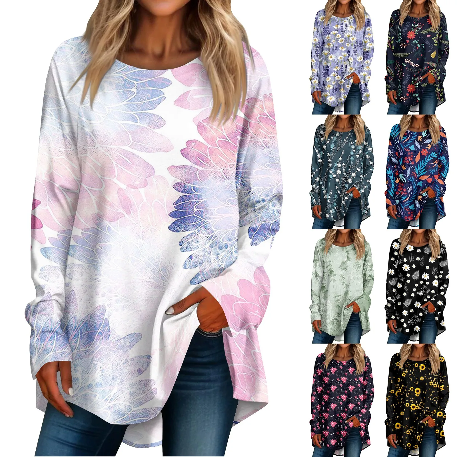 Long Sleeved T-shirt For Women Flower Print Ladies Clothing Spring Round Neck Women's Top Imitation Cotton T Shirt 2024 New