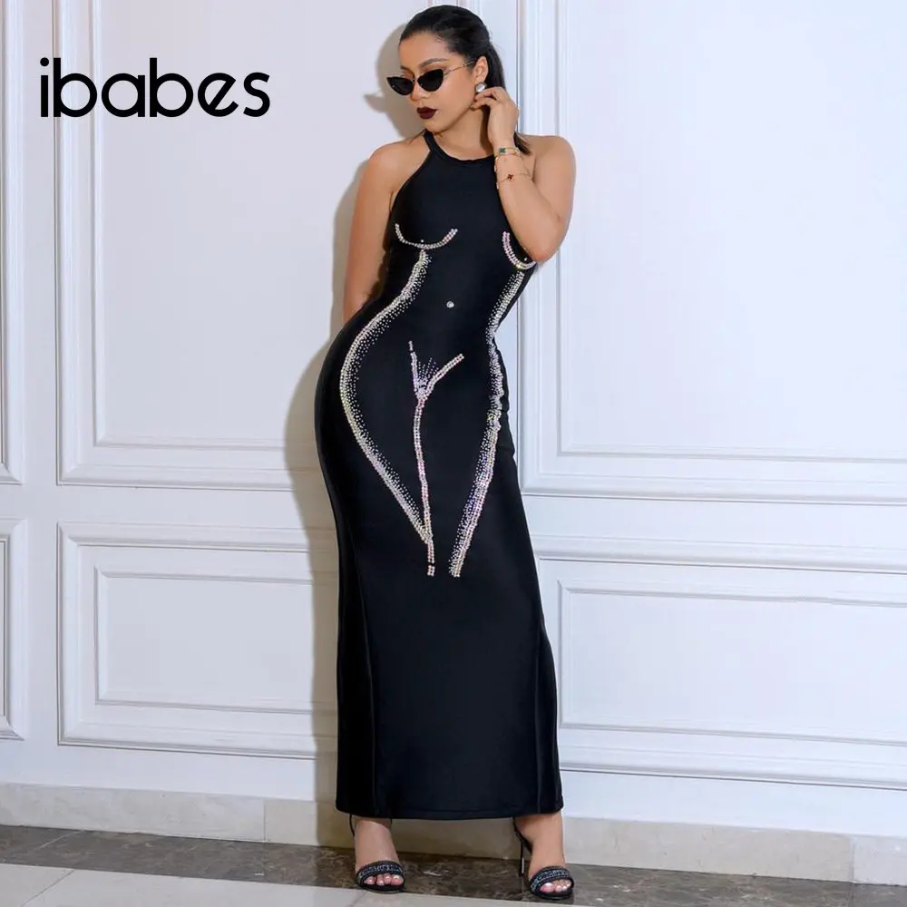 

3D rhinestone printed women long maxi dress 2023 summer black sleeveless vest dress sexy night club party vestidos