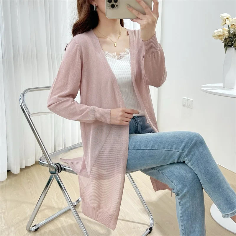 

Spring and summer new ice silk cardigan medium length sunscreen shirt solid color knitted women's long-sleeved top
