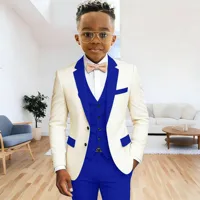 Ensemble de costume formel ivoire pour garçon, 3 pièces (veste + gilet + pantalon), revers cranté, smoking pour enfants de 2 à 16 ans, pour mariage, bal de promo, fête 6