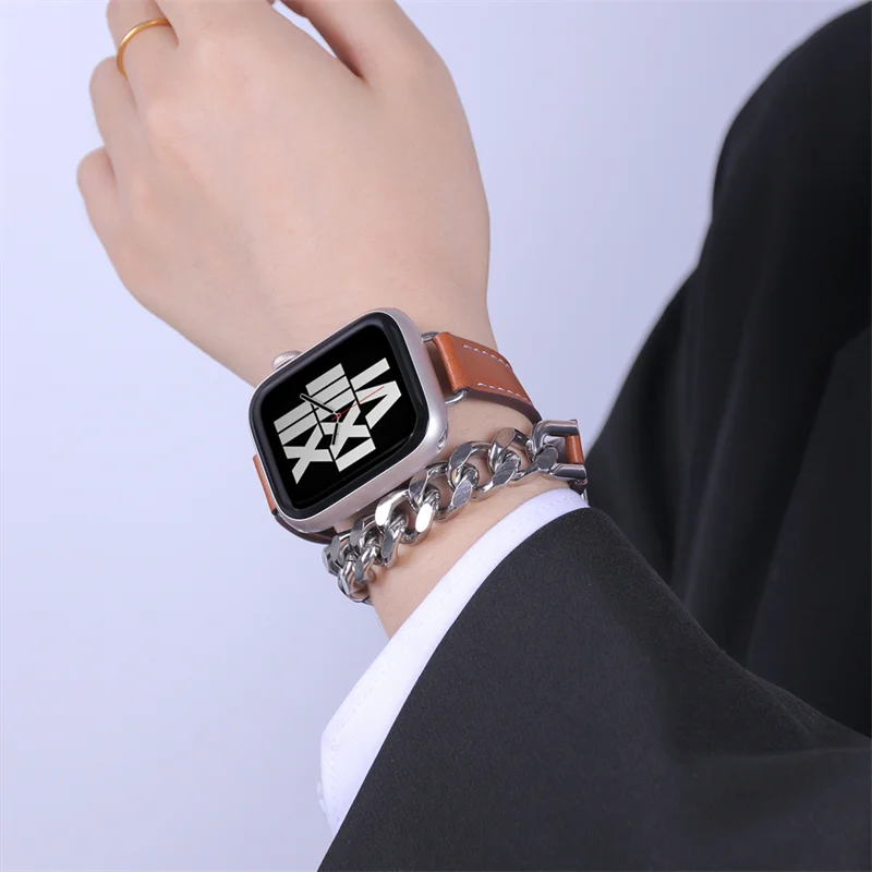 

Leather Metal Double Tour Strap for Apple Watch Band Ultra 2 Series 9 8 Genuine Leather Watchband for IWatch Metal Link Bracelet