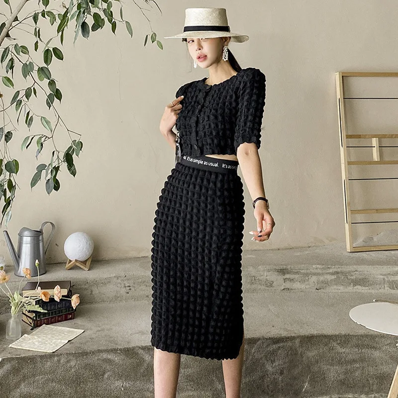 

Waffle Tops and Skirts Two-piece Women's New Hip Skirt Fashion Half Sleeve Cardigan and Skirt Suits Korean Elegant