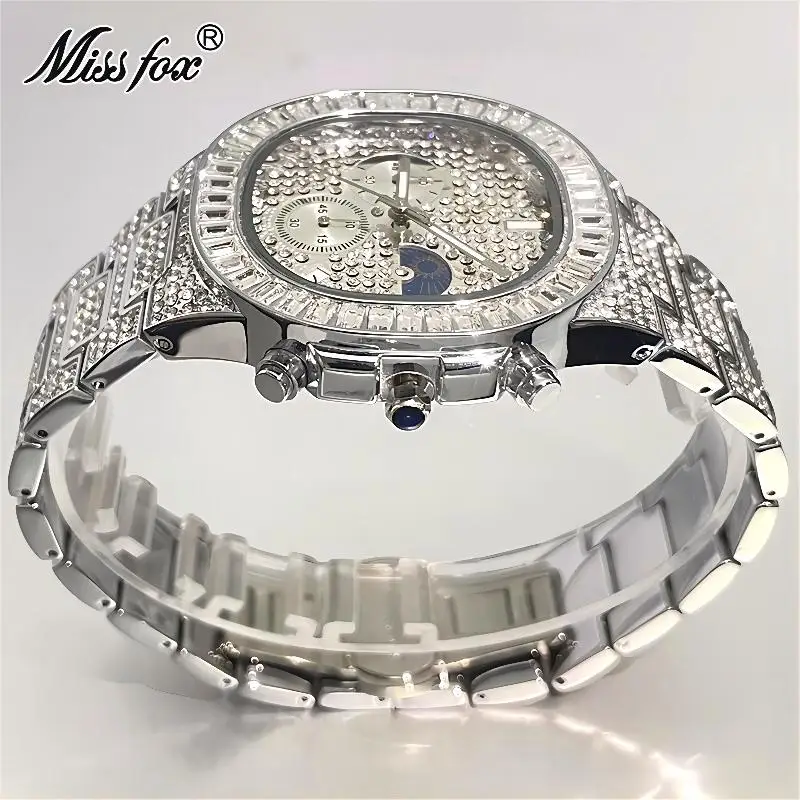 Luxury Gold Watches Mens Brand MISSFOX Fashion Iced Bling Quartz Wristwatches Man Hip Hop Square Diamond Moon Phase Clocks Reloj